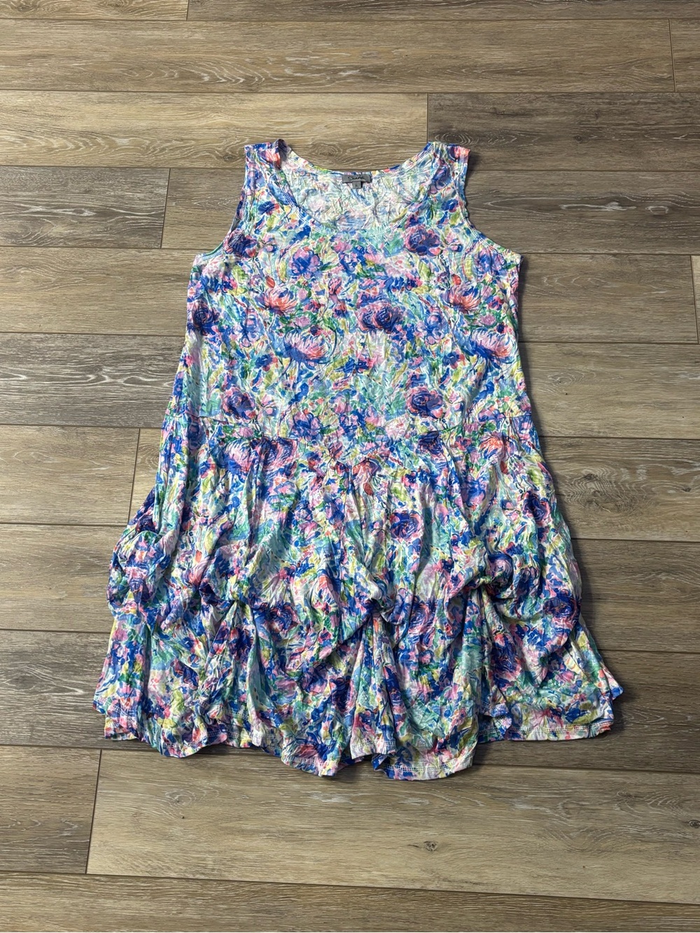 Shana Tank Dress XL Crinkle Floral Basque Bubble Hem Lagenlook Beach Vacation